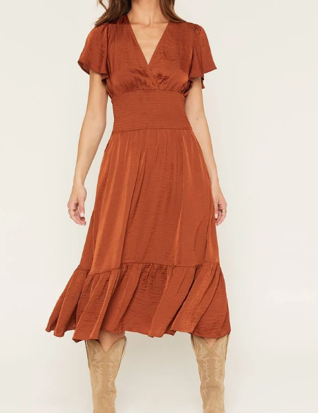 Women’s Rust Wrap V‑Neck Midi Dress