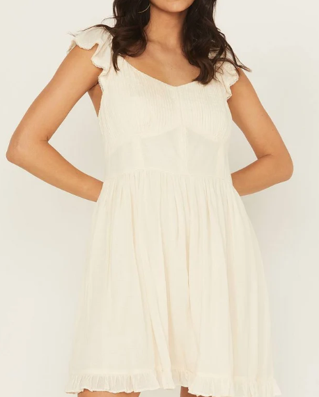 Women’s Cream V‑Neck Ruffle Cap Sleeve Mini Dress