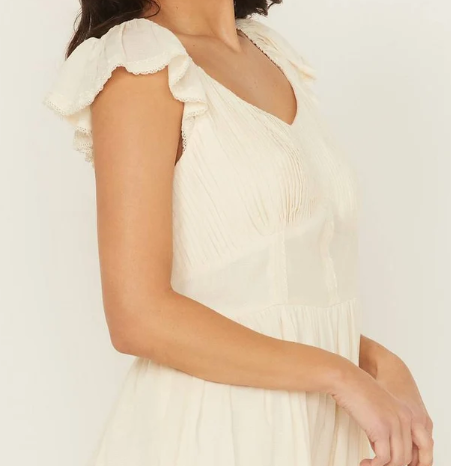 Women’s Cream V‑Neck Ruffle Cap Sleeve Mini Dress