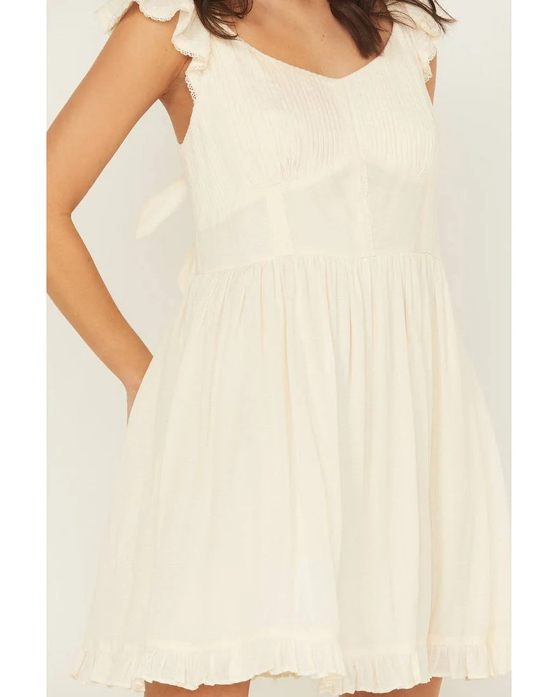 Women’s Cream V‑Neck Ruffle Cap Sleeve Mini Dress