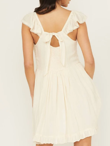 Women’s Cream V‑Neck Ruffle Cap Sleeve Mini Dress
