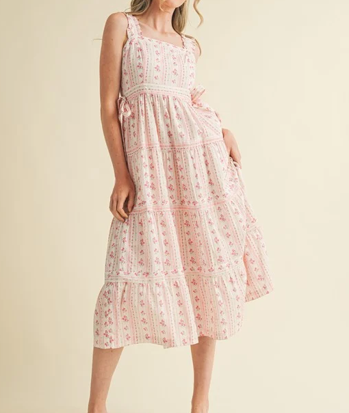 Floral Square-Neck Midi Skirt with Tiered Hem