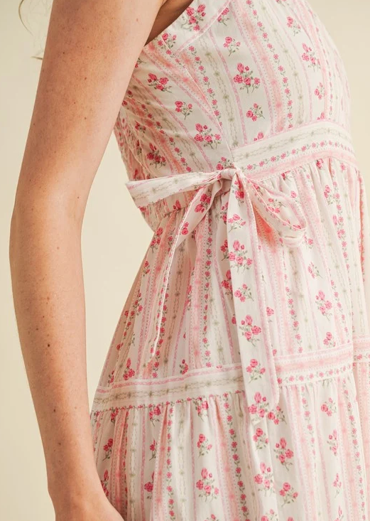 Floral Square-Neck Midi Skirt with Tiered Hem