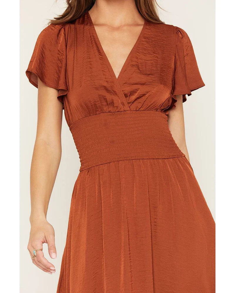 Women’s Rust Wrap V‑Neck Midi Dress