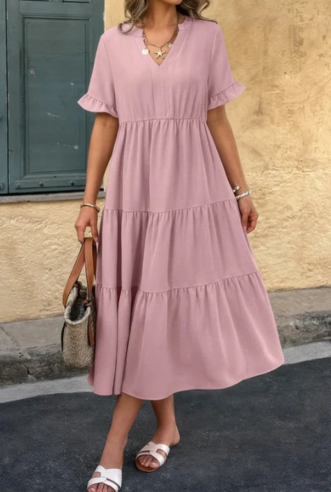 V‑Neck Ruffle Short Sleeve Tiered Midi Dress