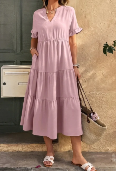 V‑Neck Ruffle Short Sleeve Tiered Midi Dress