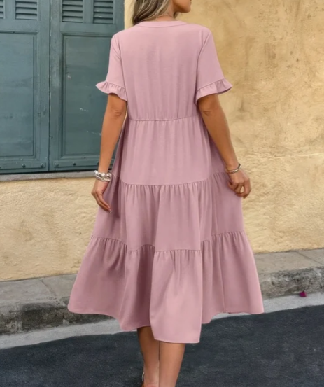 V‑Neck Ruffle Short Sleeve Tiered Midi Dress
