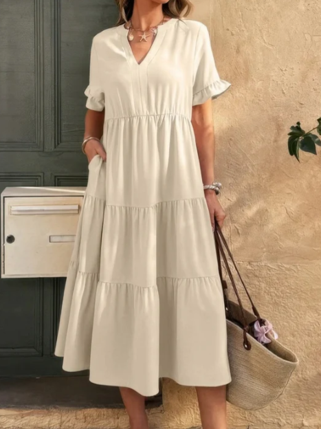 V‑Neck Ruffle Short Sleeve Tiered Midi Dress