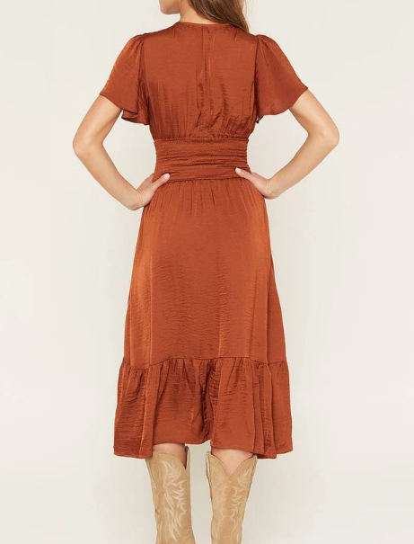 Women’s Rust Wrap V‑Neck Midi Dress