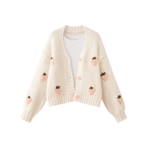V‑Neck Knit Cardigan, Sweet 3D Crochet Strawberry Decor Loose Drop
