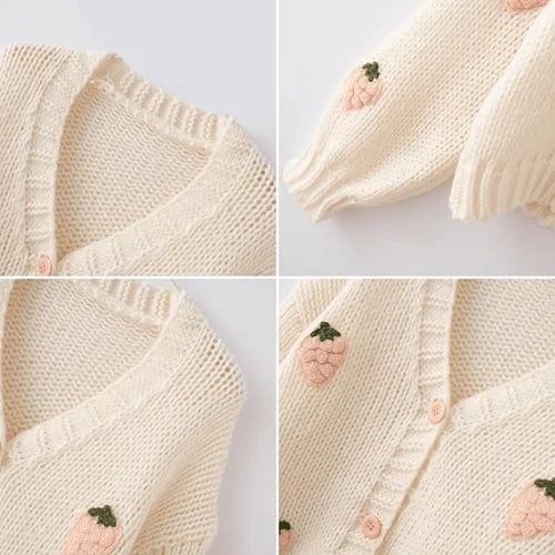 V‑Neck Knit Cardigan, Sweet 3D Crochet Strawberry Decor Loose Drop