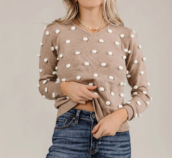 V‑Neck Knit Sweater with 3D Pom‑pom Details